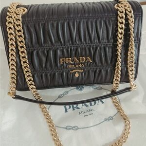 Prada Black Leather Shoulder Bag with Gold Chain